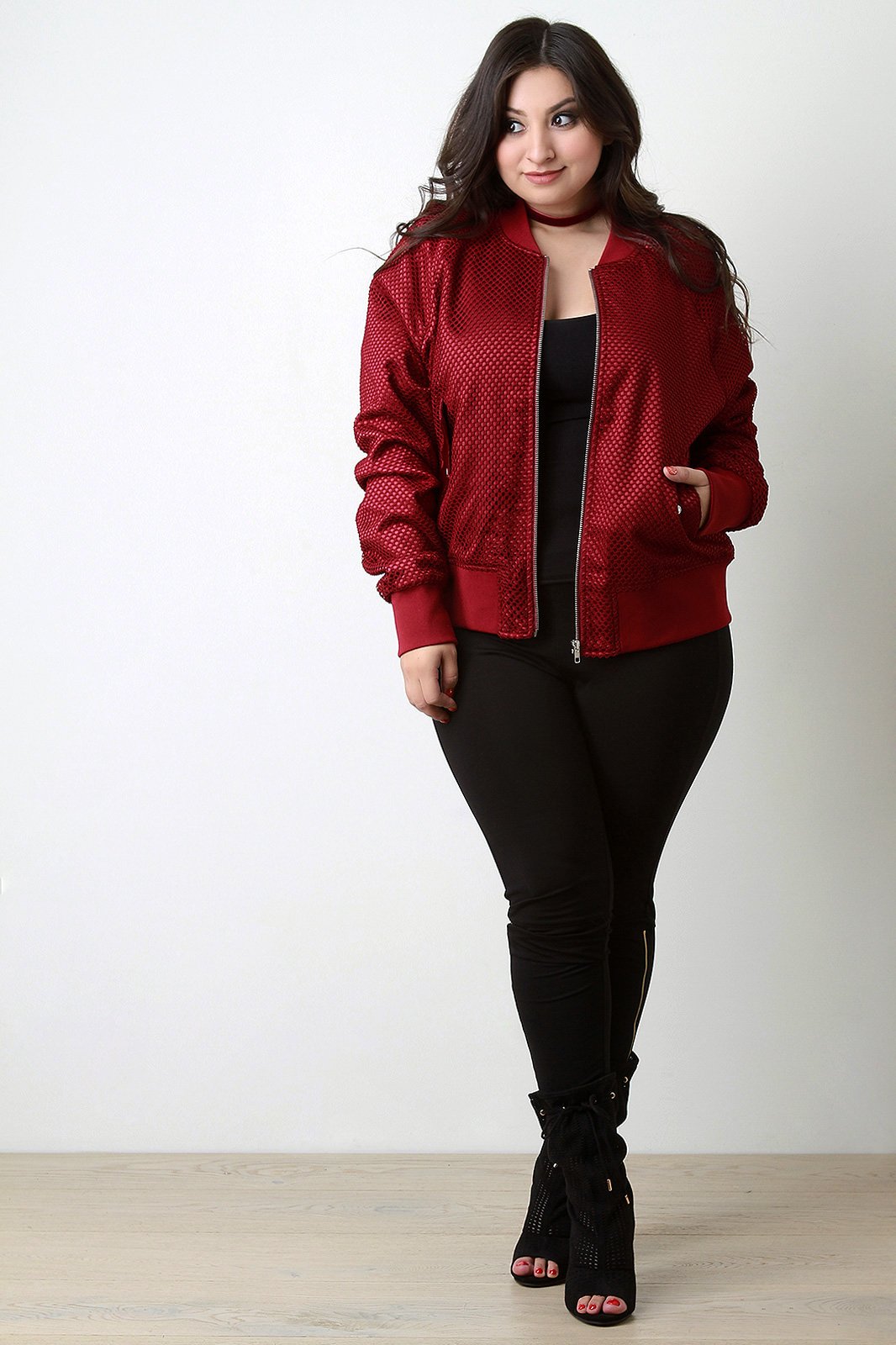 Fishnet Mesh Pocketed Zip-Up Bomber Jacket - NoveltyOne