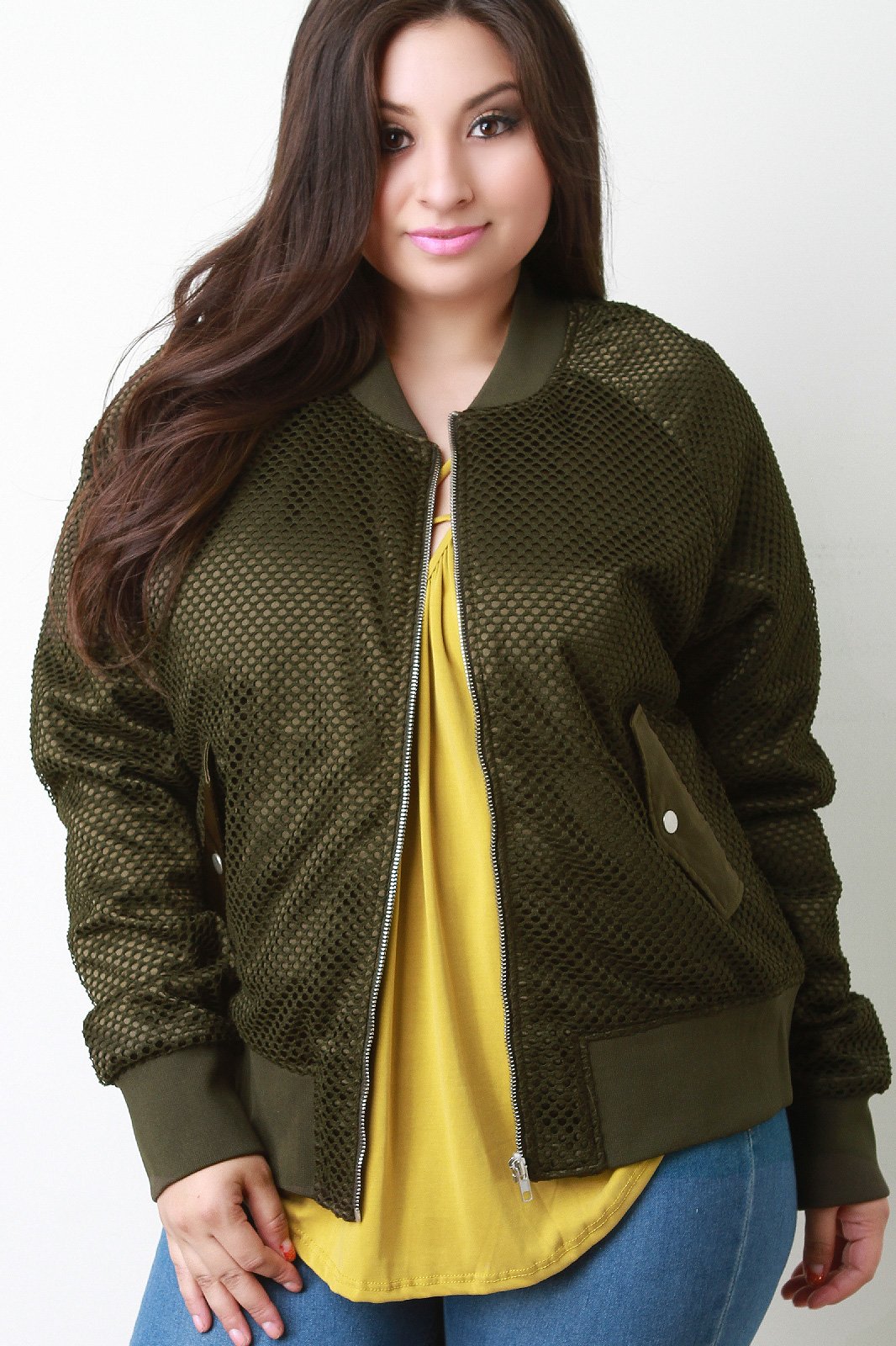 Fishnet Mesh Pocketed Zip-Up Bomber Jacket - NoveltyOne