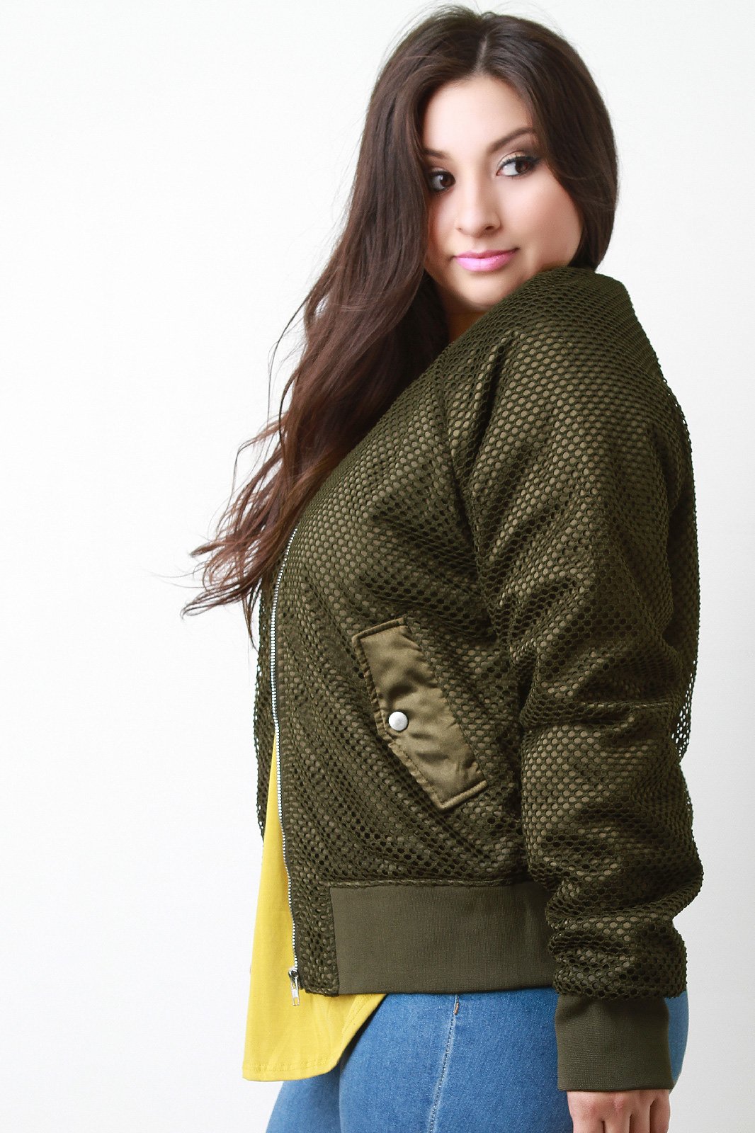 Fishnet Mesh Pocketed Zip-Up Bomber Jacket - NoveltyOne