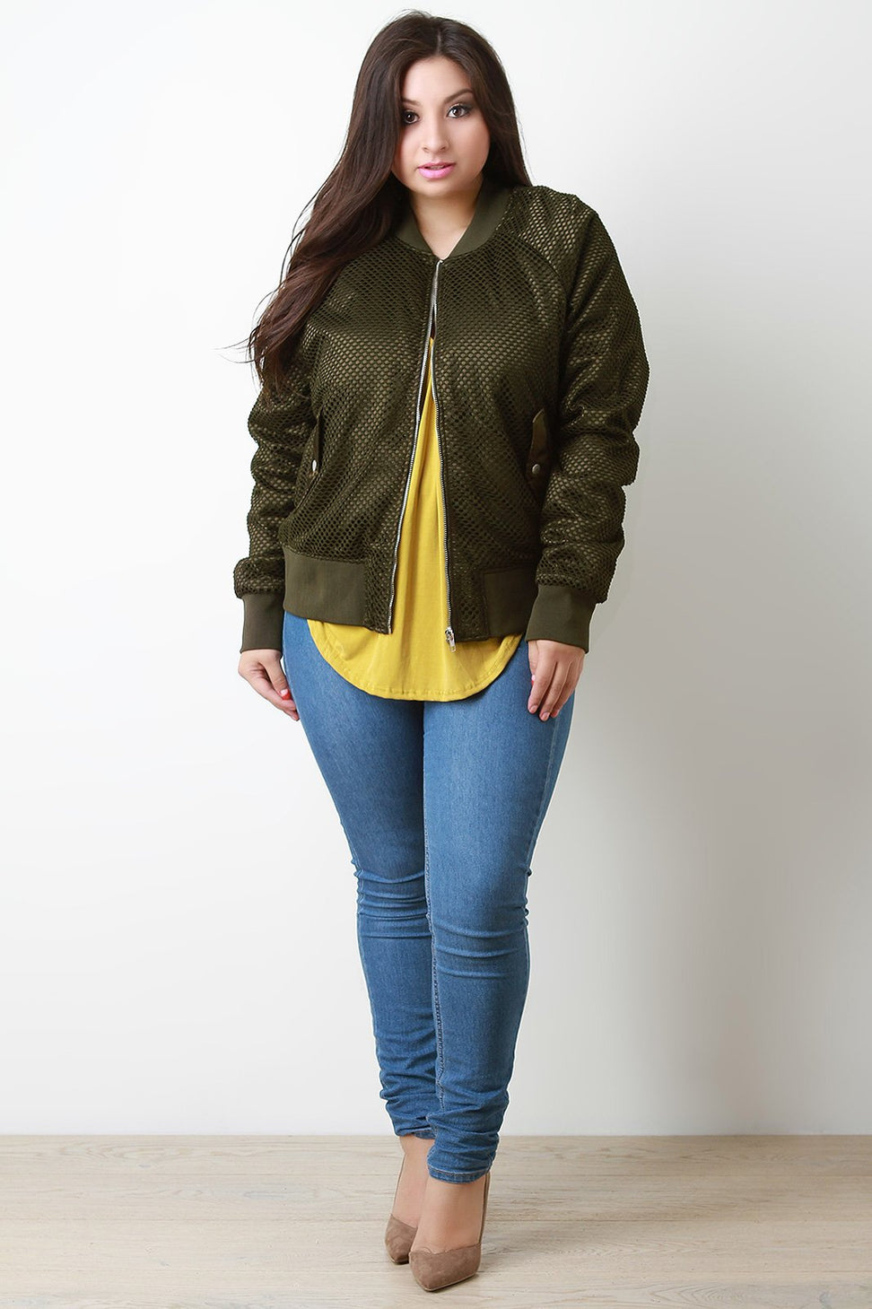 Fishnet Mesh Pocketed Zip-Up Bomber Jacket - NoveltyOne