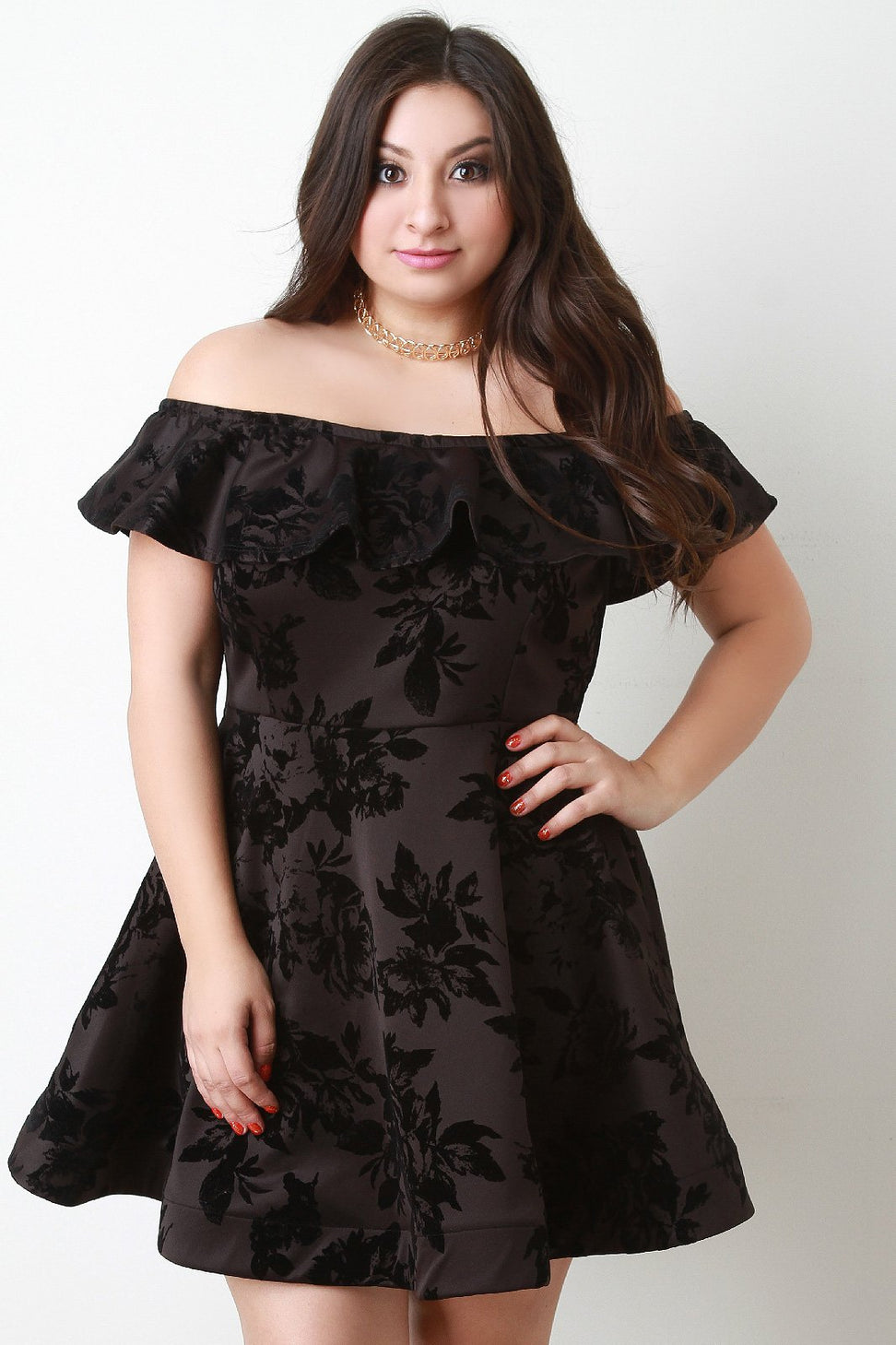 Flocked Floral Print Off The Shoulder Skater Dress - NoveltyOne