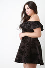 Flocked Floral Print Off The Shoulder Skater Dress - NoveltyOne