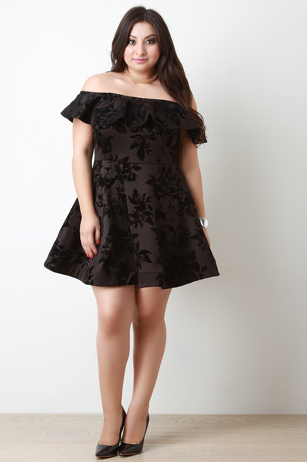 Flocked Floral Print Off The Shoulder Skater Dress - NoveltyOne