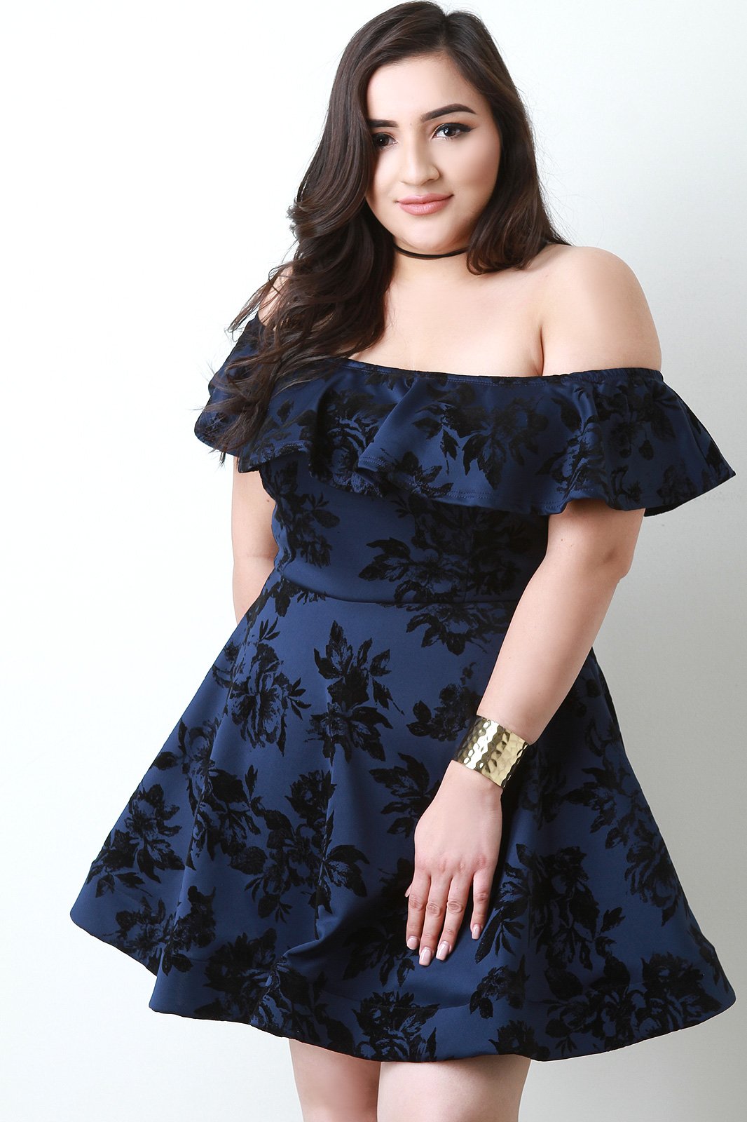 Flocked Floral Print Off The Shoulder Skater Dress - NoveltyOne
