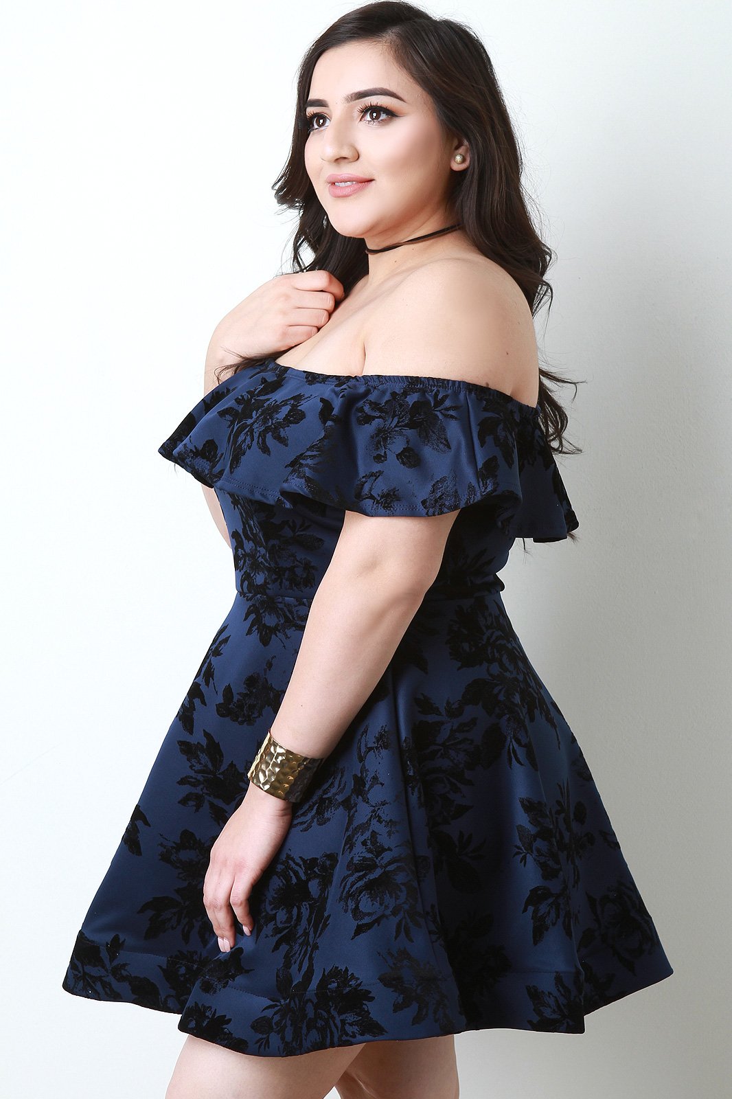 Flocked Floral Print Off The Shoulder Skater Dress - NoveltyOne