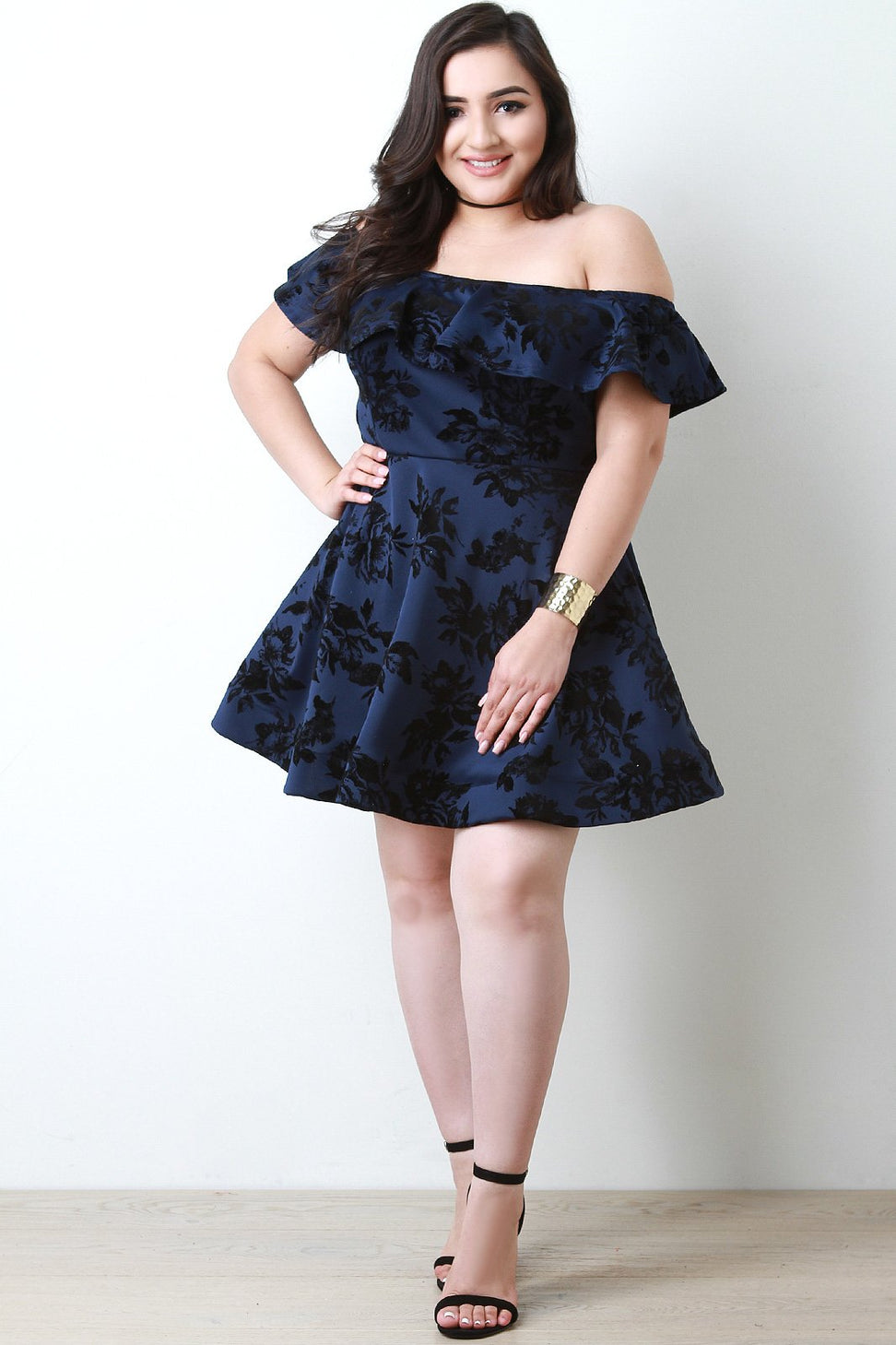 Flocked Floral Print Off The Shoulder Skater Dress - NoveltyOne