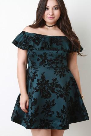 Flocked Floral Print Off The Shoulder Skater Dress - NoveltyOne