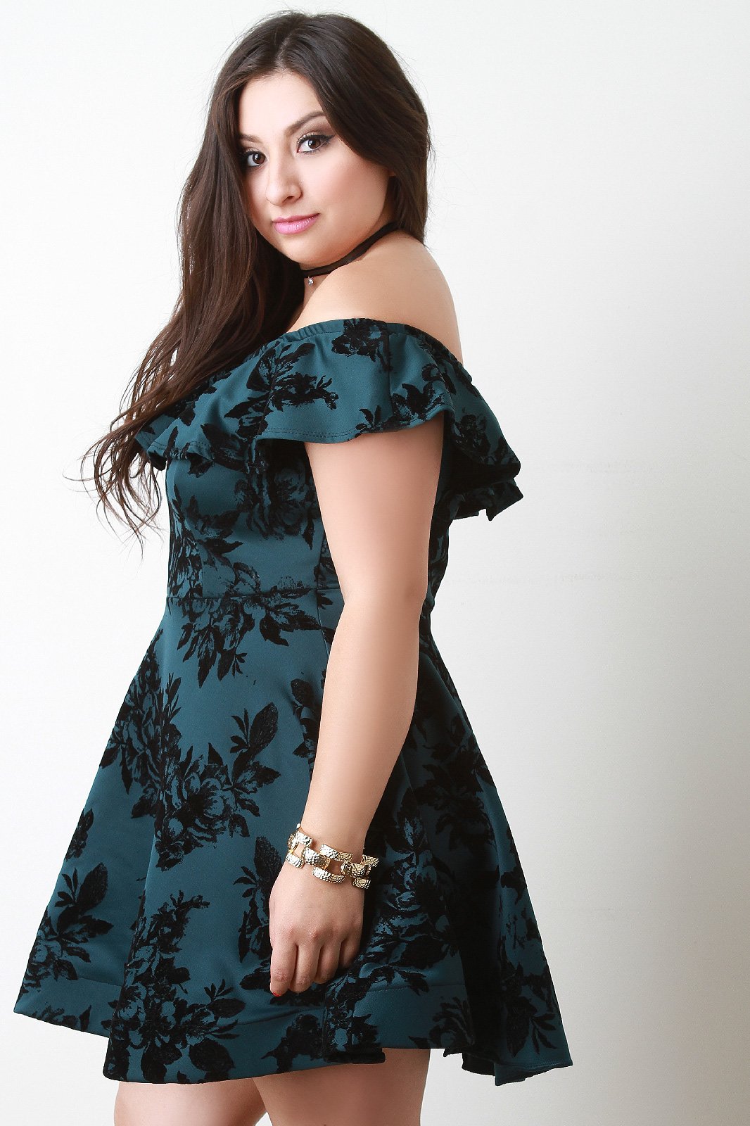 Flocked Floral Print Off The Shoulder Skater Dress - NoveltyOne