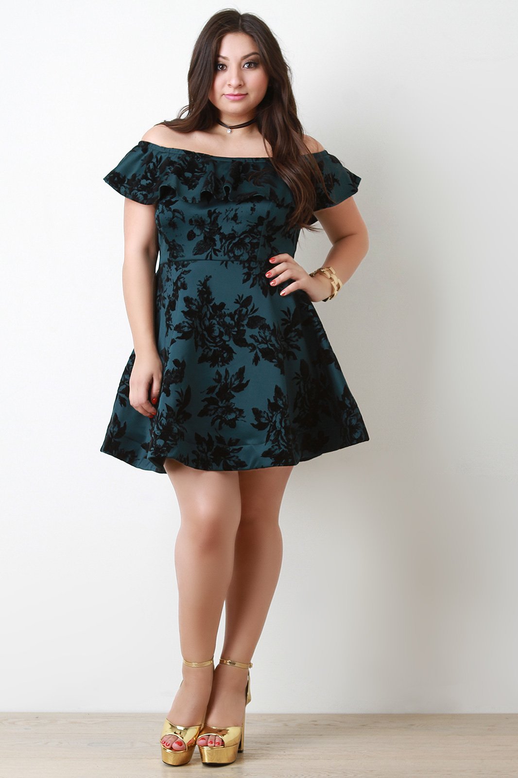 Flocked Floral Print Off The Shoulder Skater Dress - NoveltyOne