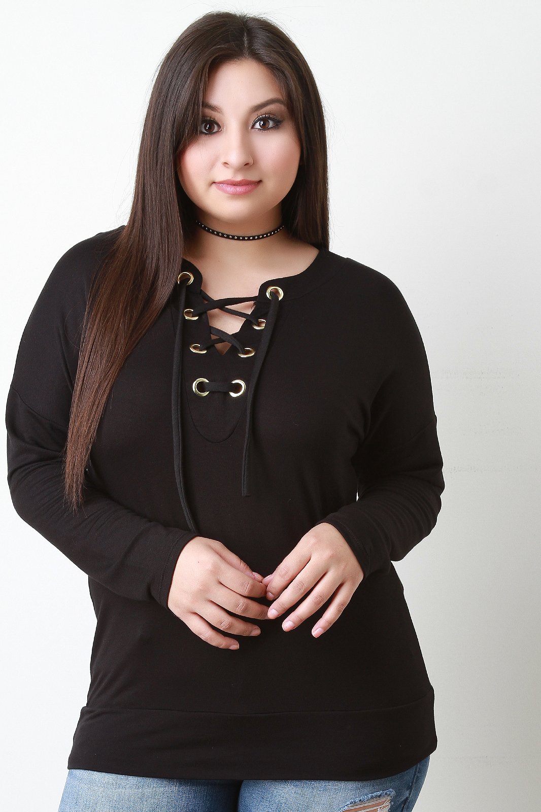 Grommet Trim Lace-Up V-Neck Top