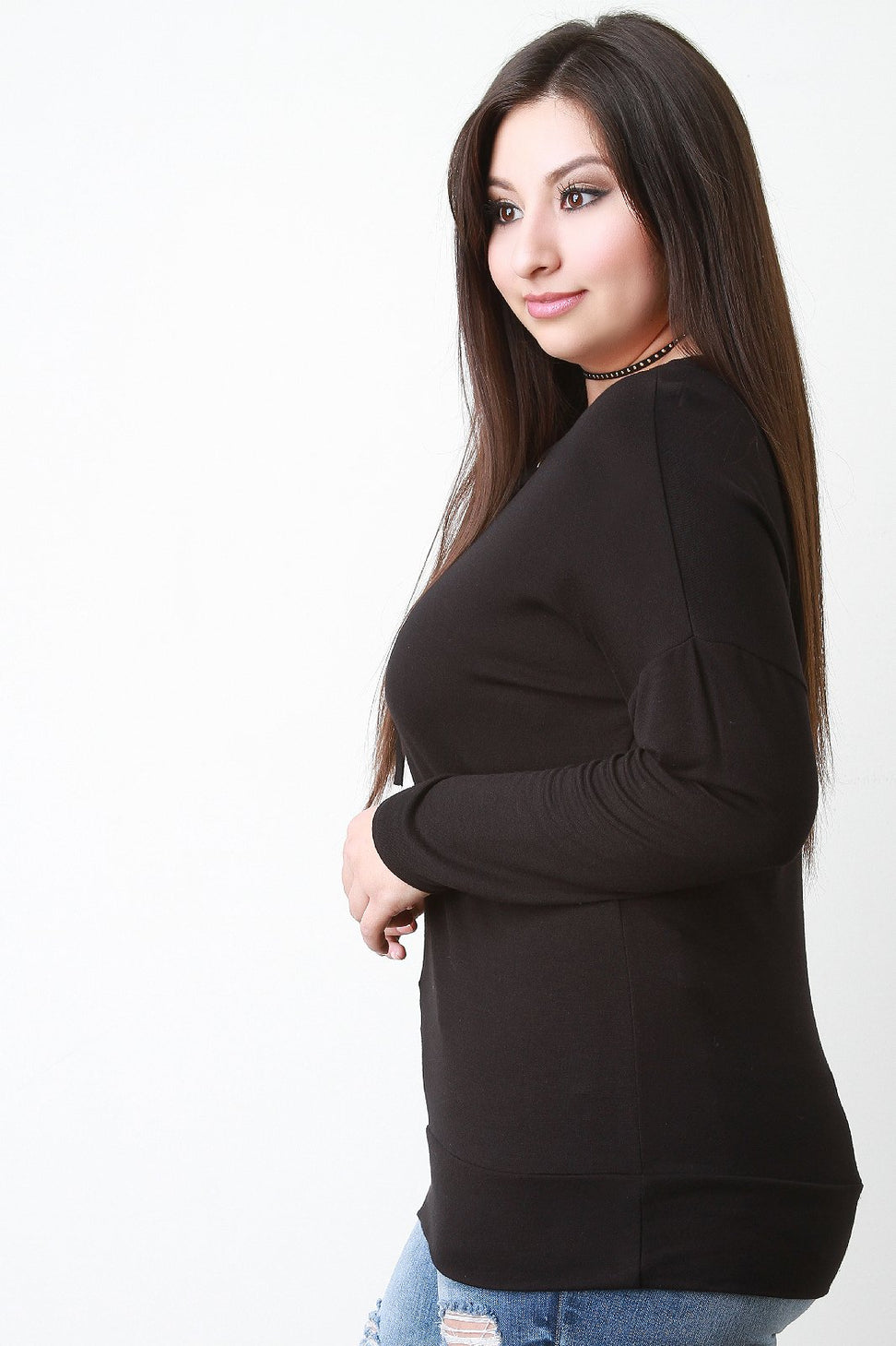 Grommet Trim Lace-Up V-Neck Top