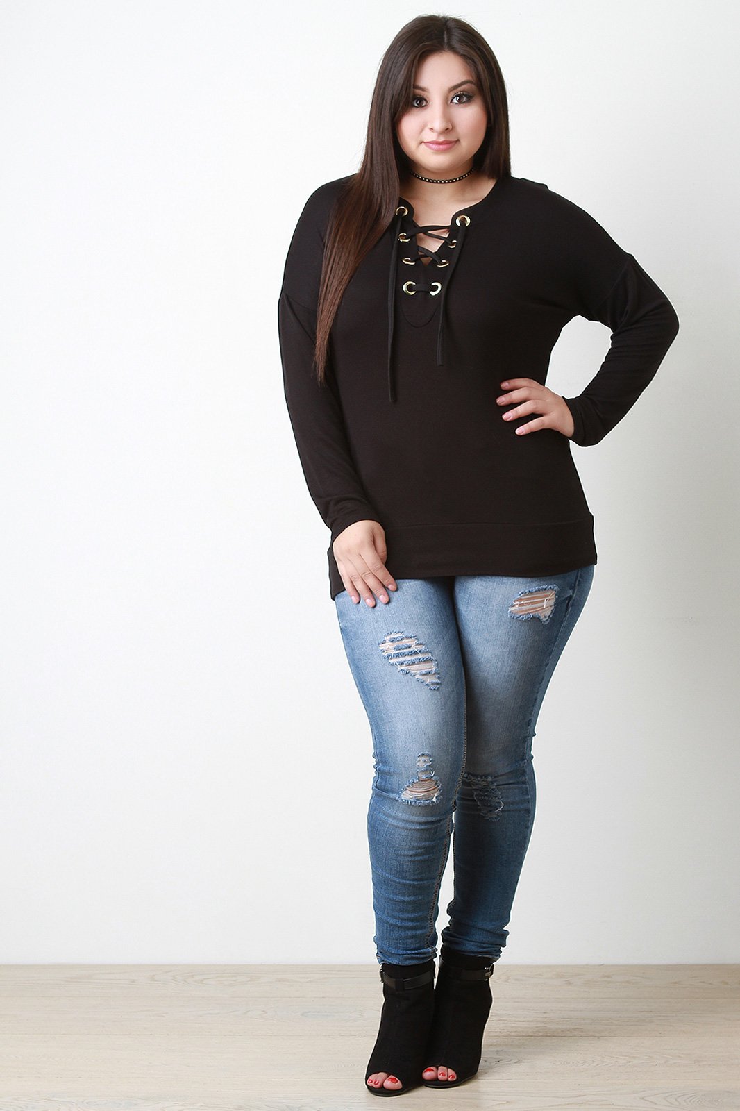 Grommet Trim Lace-Up V-Neck Top
