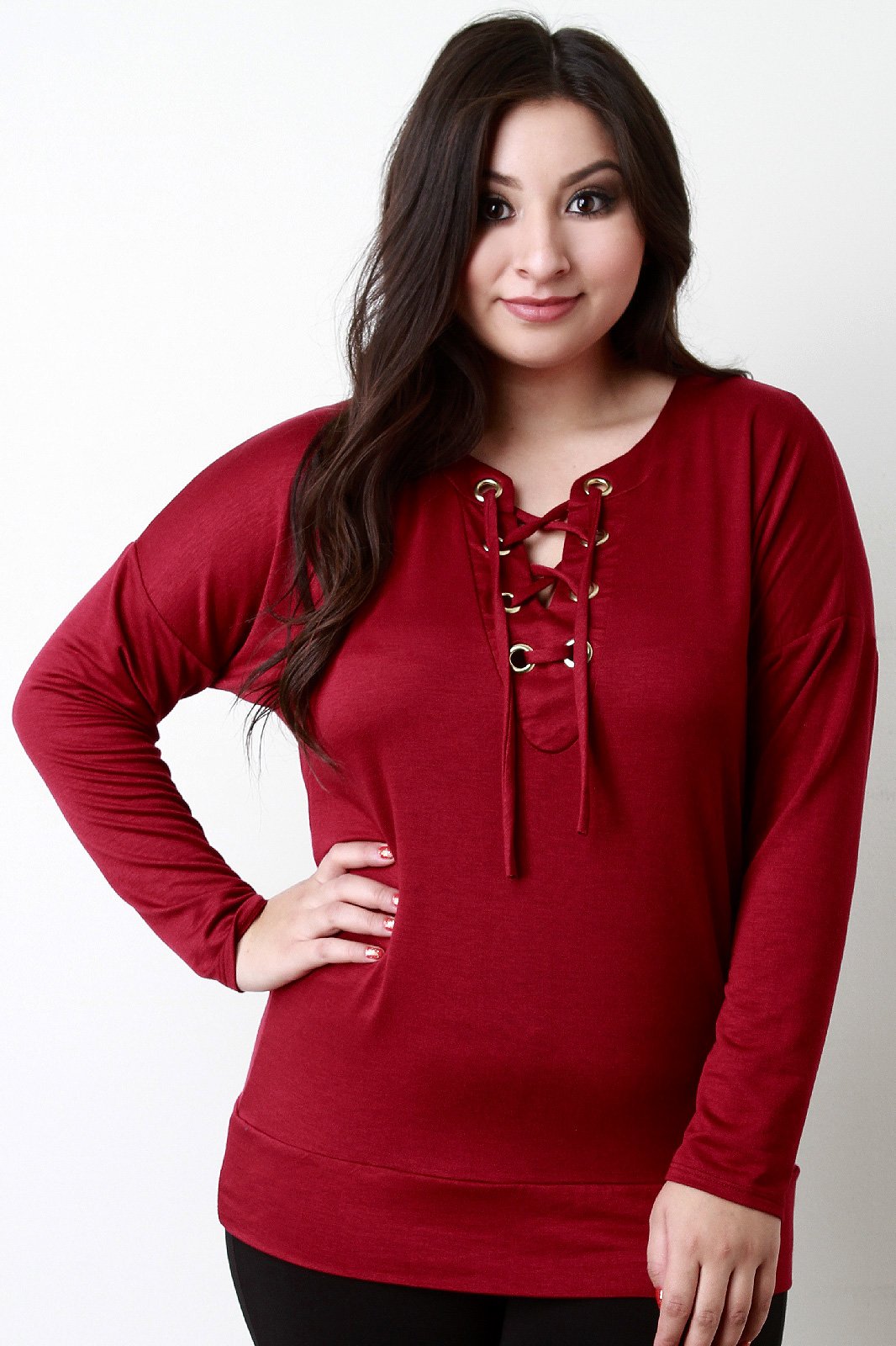 Grommet Trim Lace-Up V-Neck Top