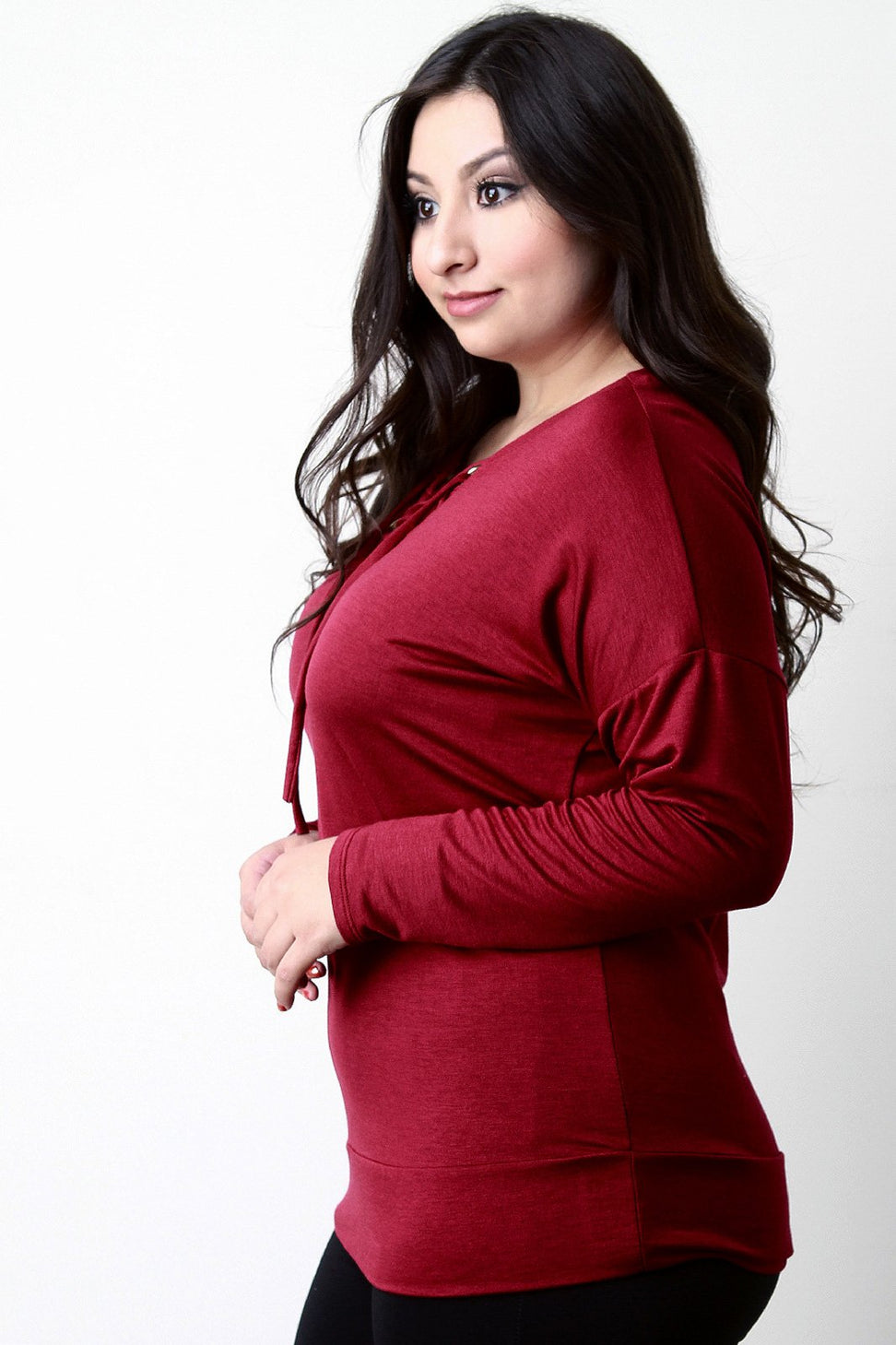 Grommet Trim Lace-Up V-Neck Top