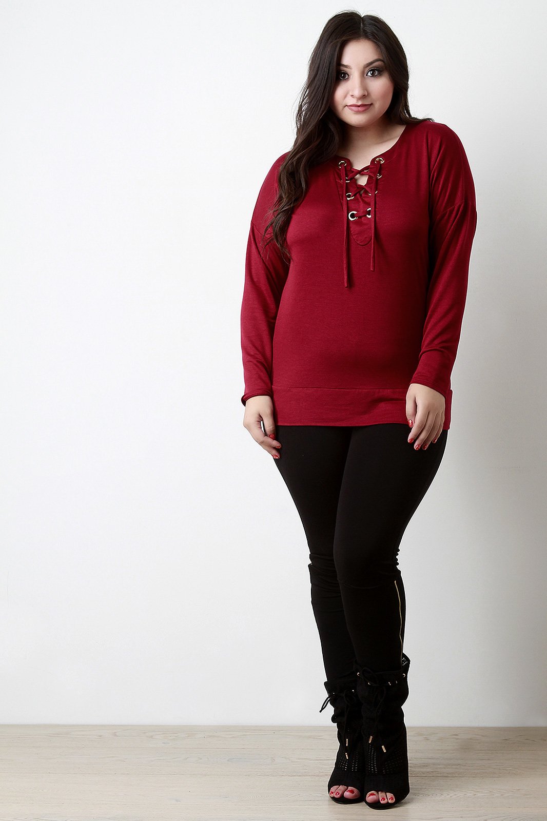 Grommet Trim Lace-Up V-Neck Top