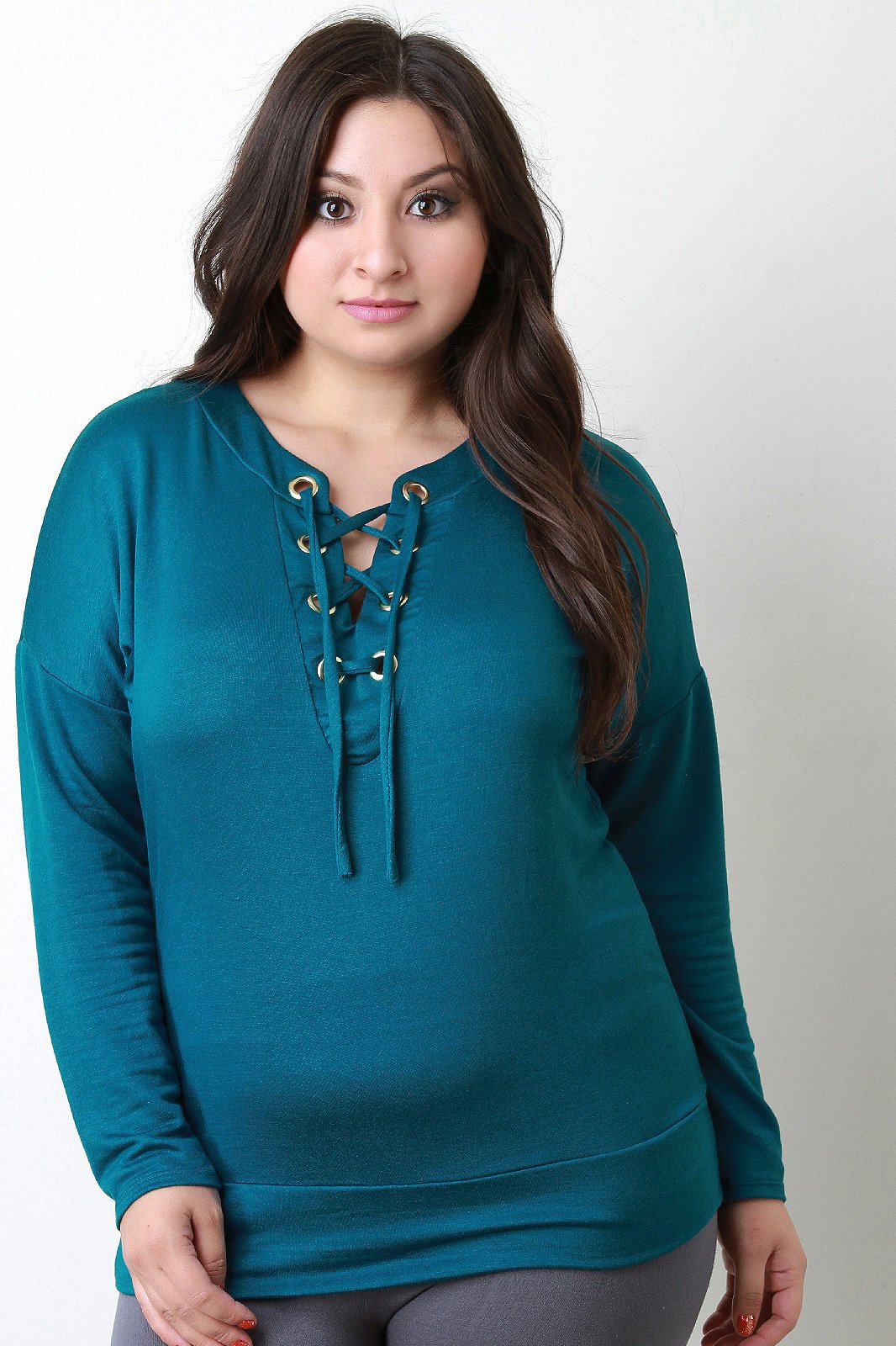 Grommet Trim Lace-Up V-Neck Top