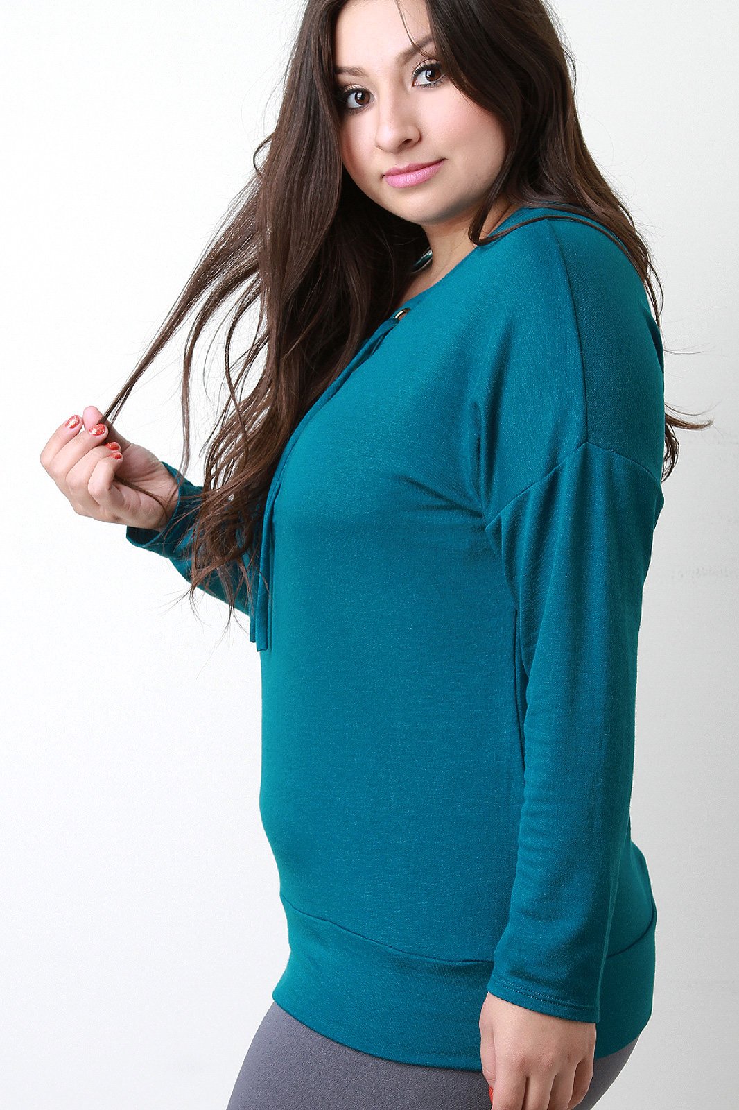 Grommet Trim Lace-Up V-Neck Top