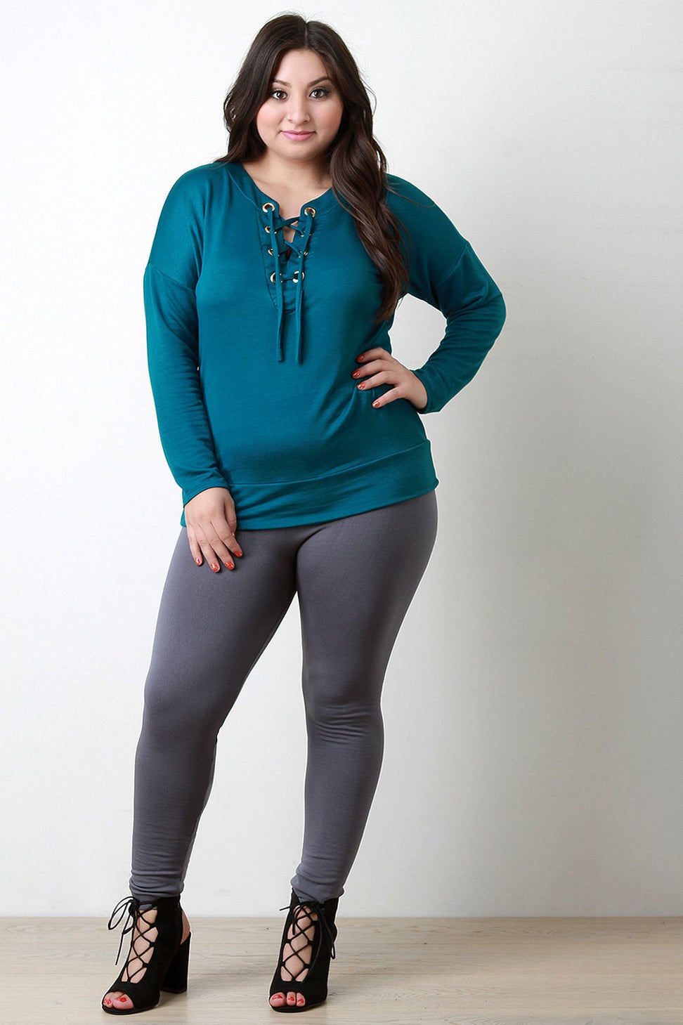 Grommet Trim Lace-Up V-Neck Top