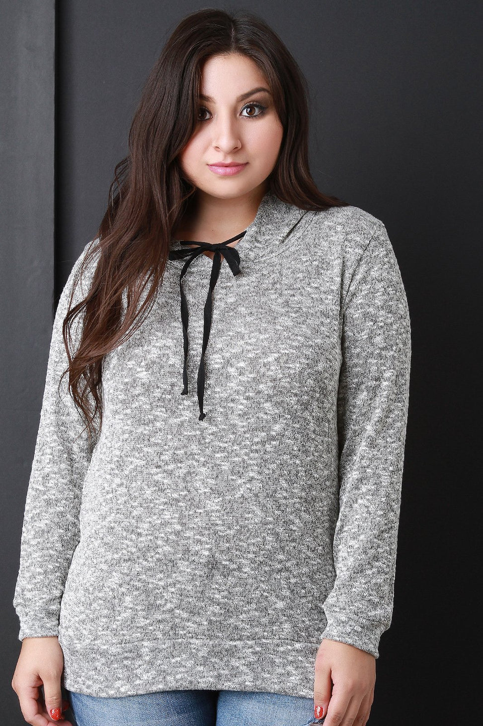 Marled Knit Hooded Long Sleeve Sweater