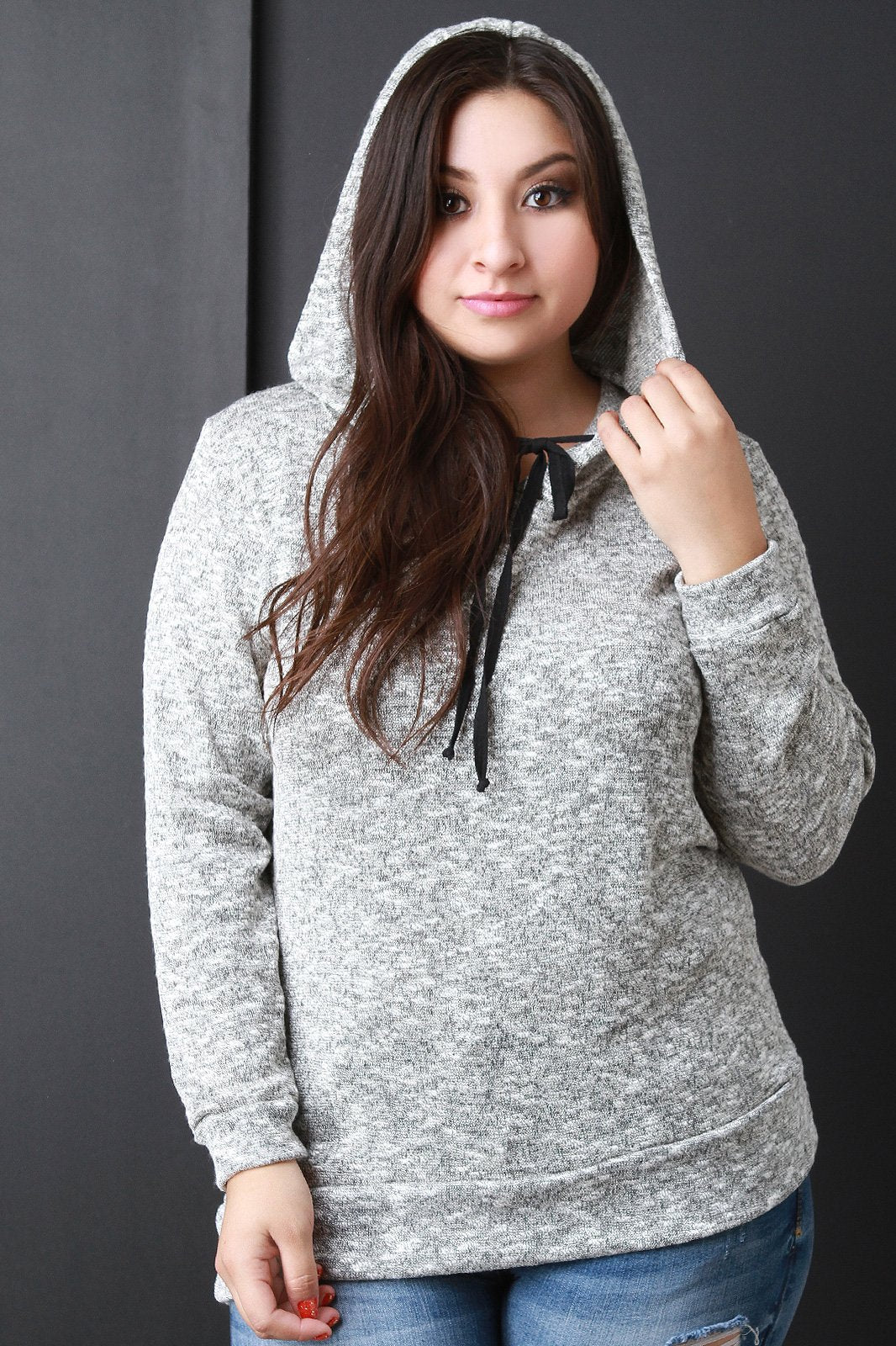 Marled Knit Hooded Long Sleeve Sweater