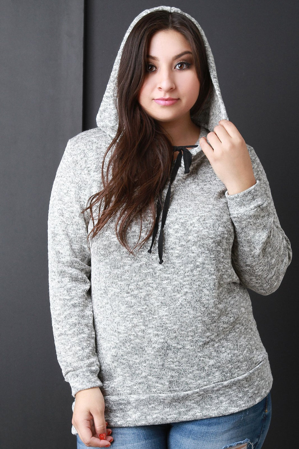 Marled Knit Hooded Long Sleeve Sweater