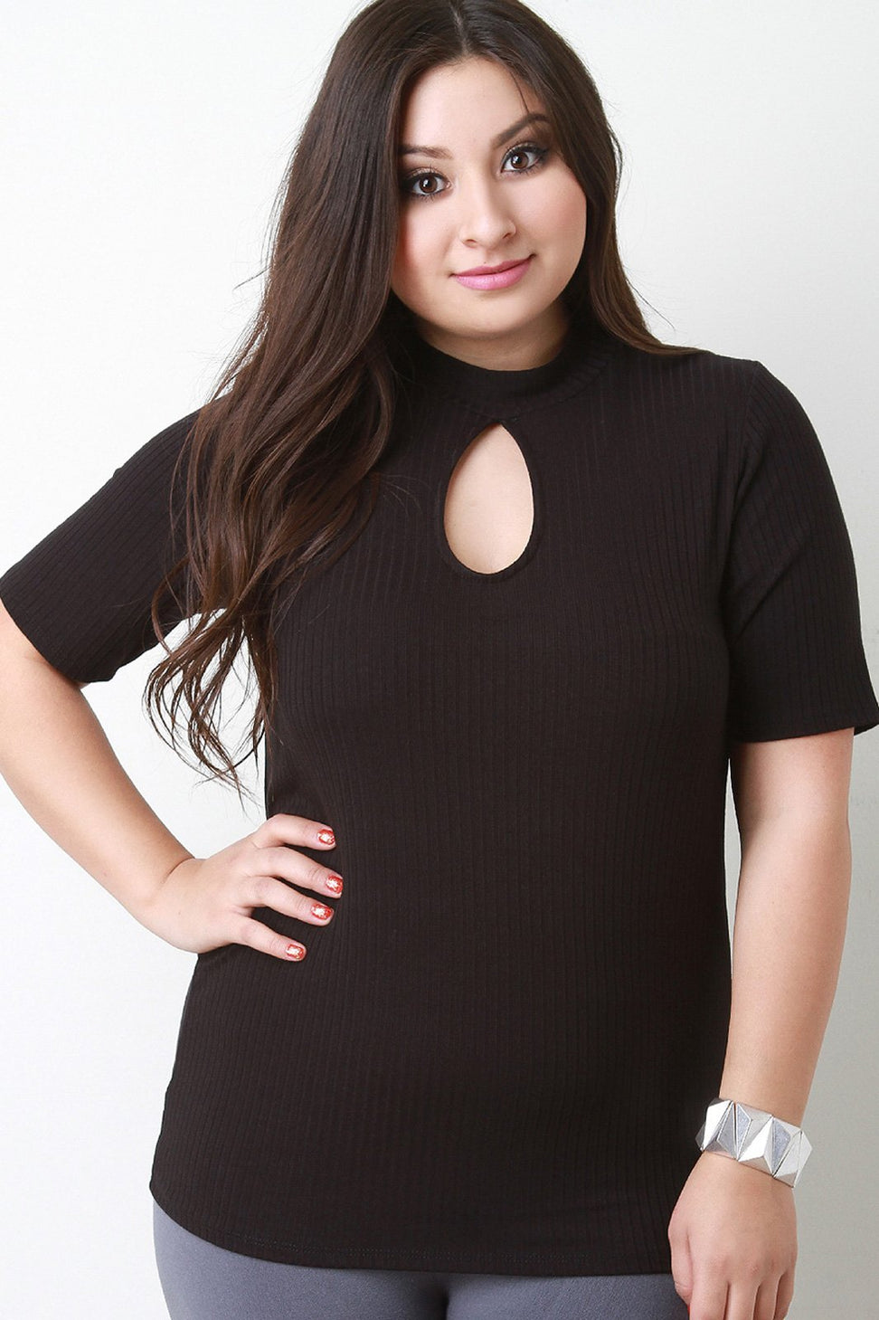 Rib Knit Mock Neck Keyhole Short Sleeve Top
