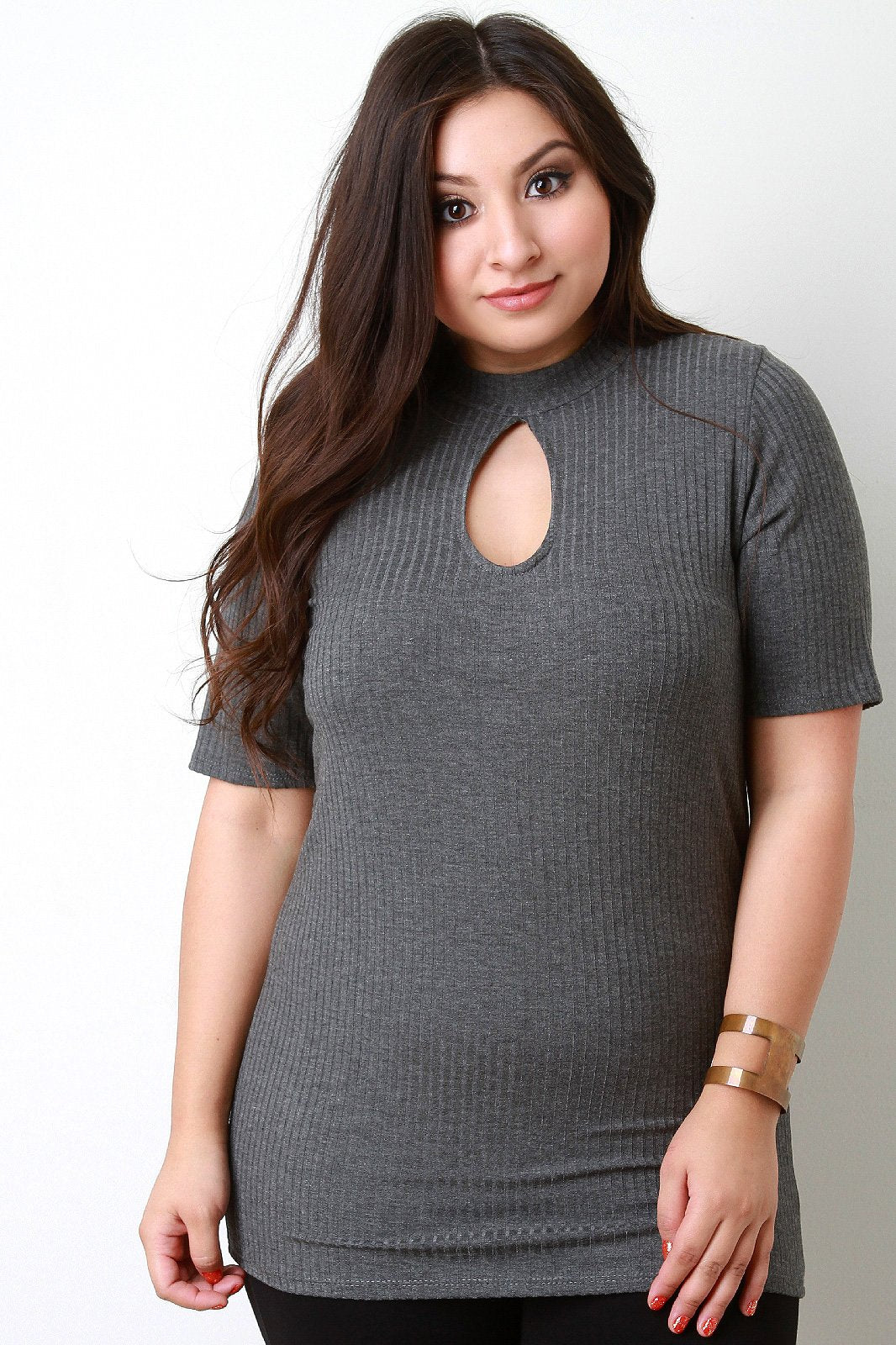 Rib Knit Mock Neck Keyhole Short Sleeve Top