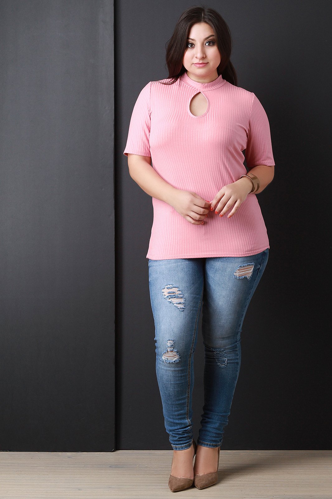 Rib Knit Mock Neck Keyhole Short Sleeve Top