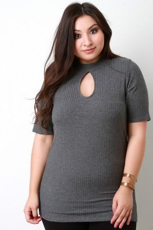 Rib Knit Mock Neck Keyhole Short Sleeve Top