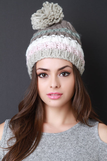 Chunky Rib Knit Stripe Pom Pom Beanie