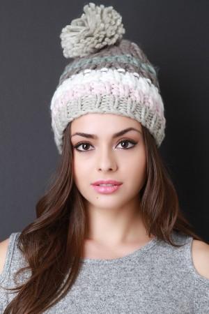 Chunky Rib Knit Stripe Pom Pom Beanie