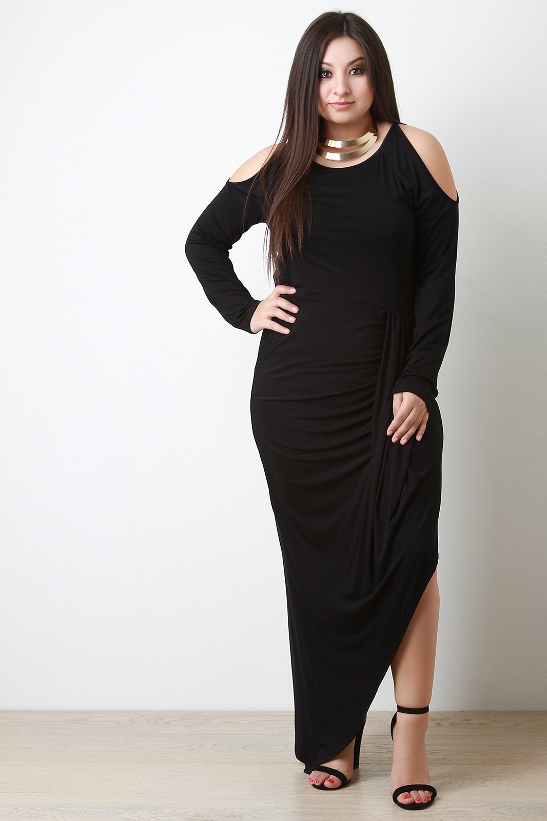 Cold Shoulder Draped Skirt Maxi Dress