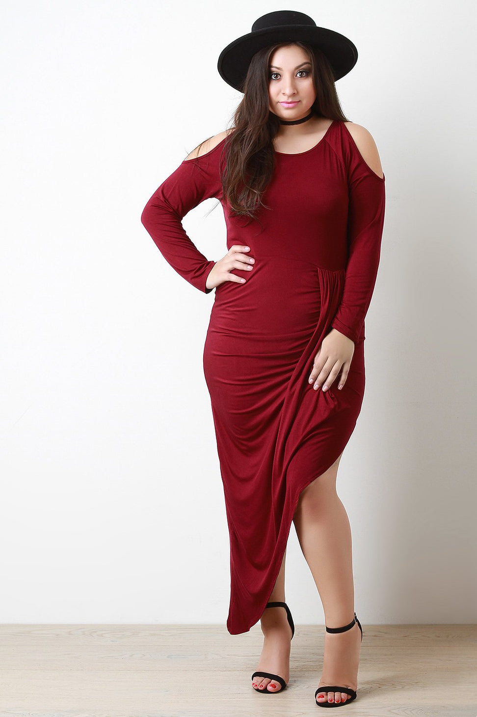 Cold Shoulder Draped Skirt Maxi Dress