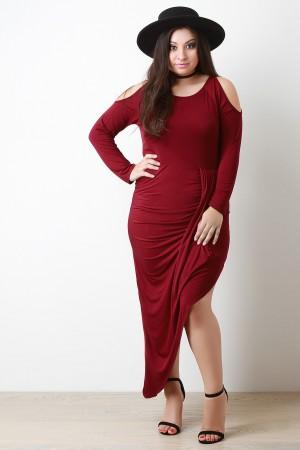 Cold Shoulder Draped Skirt Maxi Dress