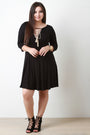 Tassel Lace-Up Embroider Quarter Sleeves Shift Dress
