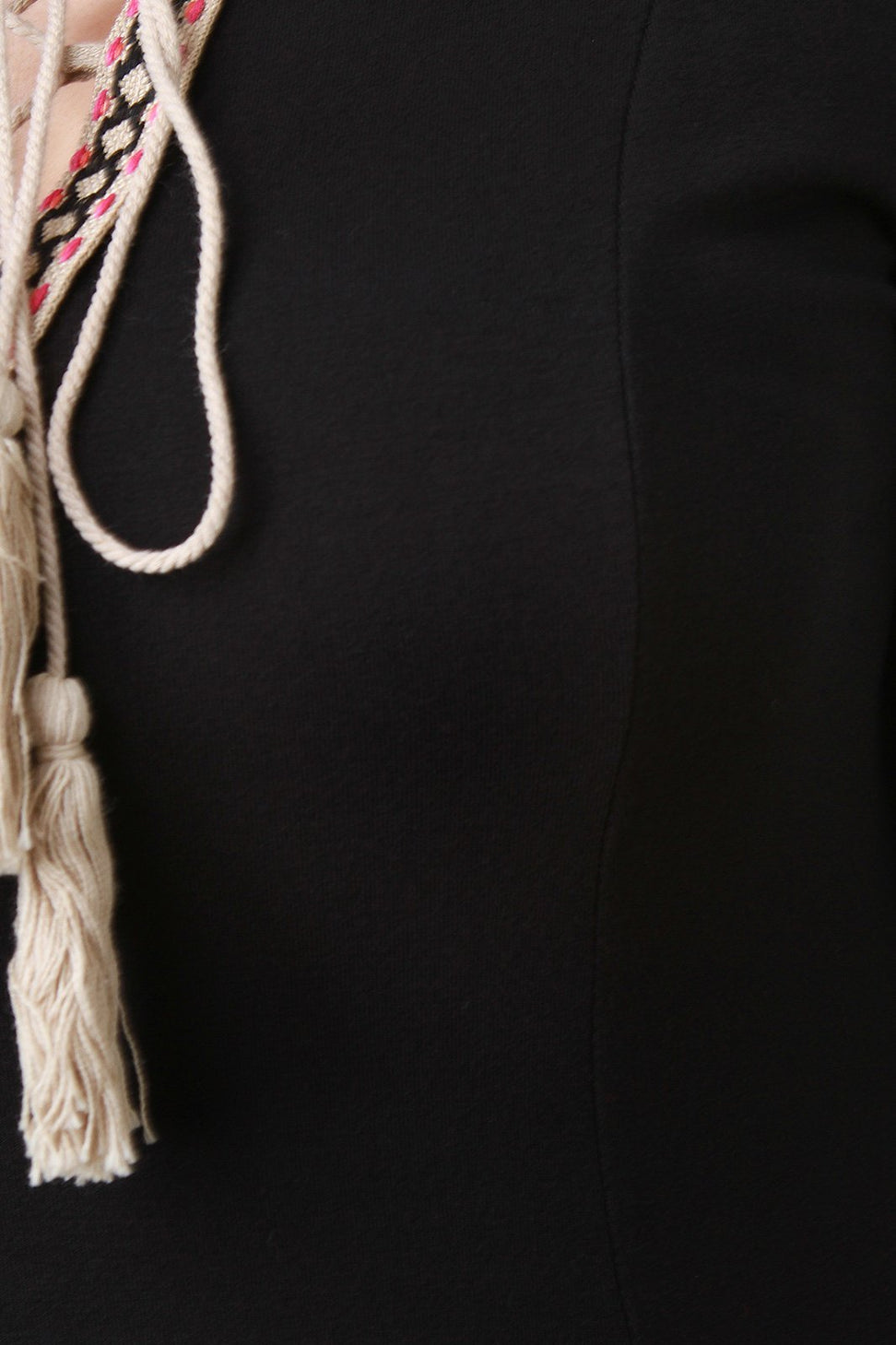 Tassel Lace-Up Embroider Quarter Sleeves Shift Dress