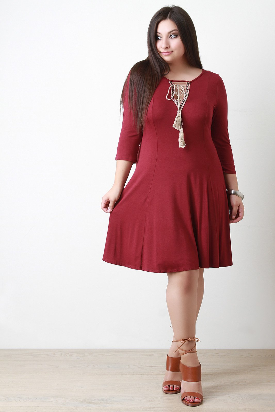 Tassel Lace-Up Embroider Quarter Sleeves Shift Dress