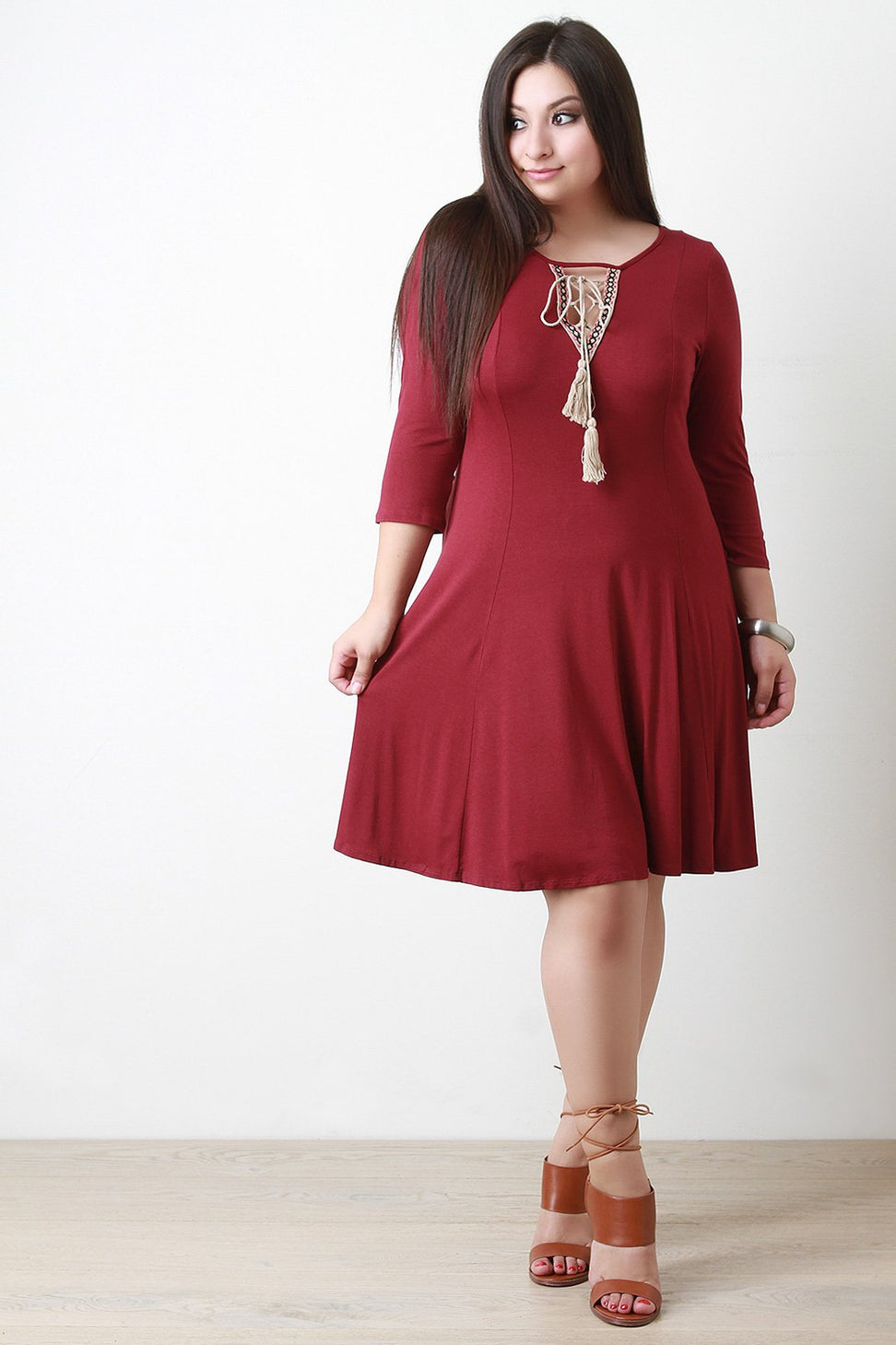 Tassel Lace-Up Embroider Quarter Sleeves Shift Dress