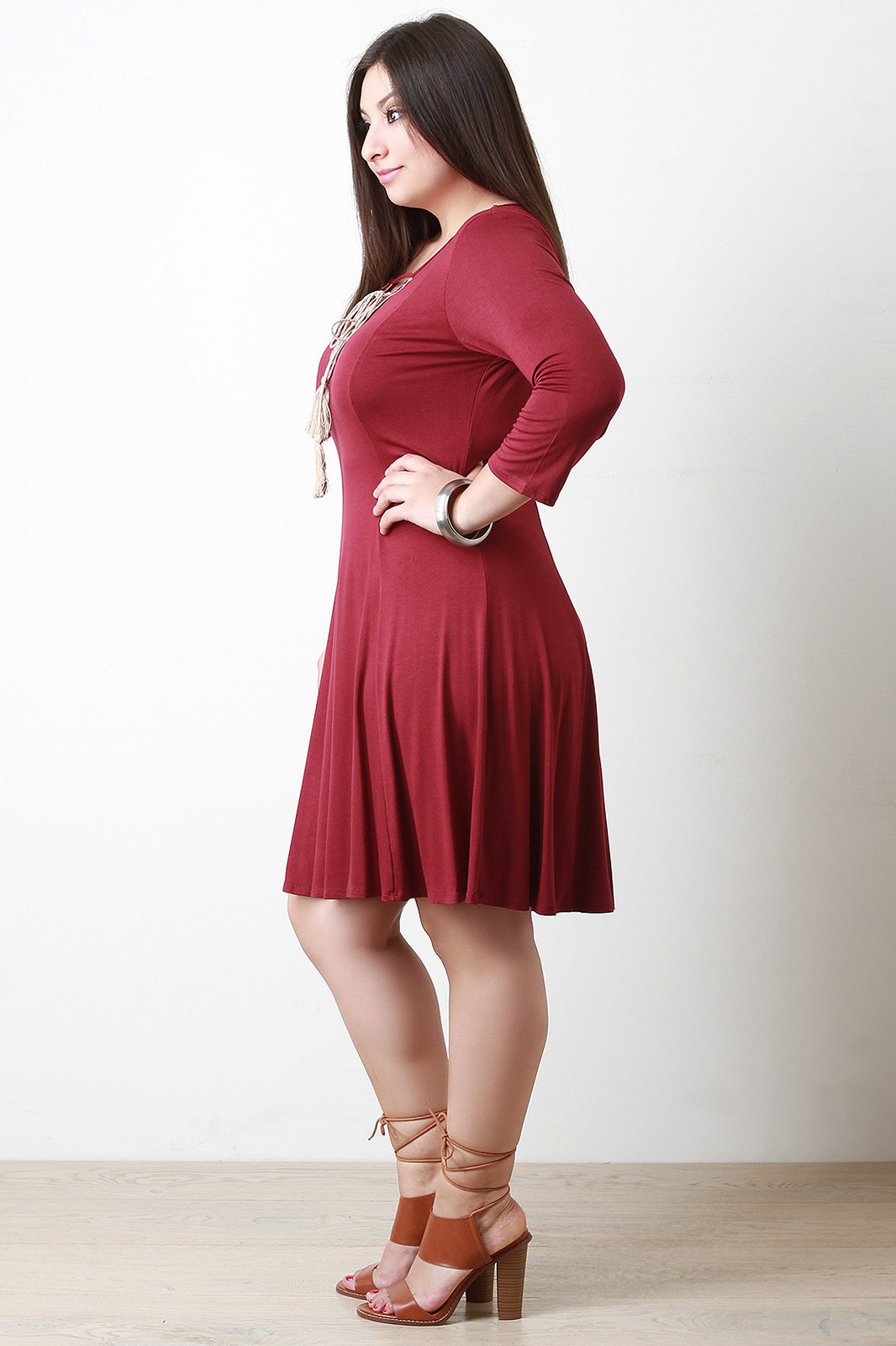 Tassel Lace-Up Embroider Quarter Sleeves Shift Dress