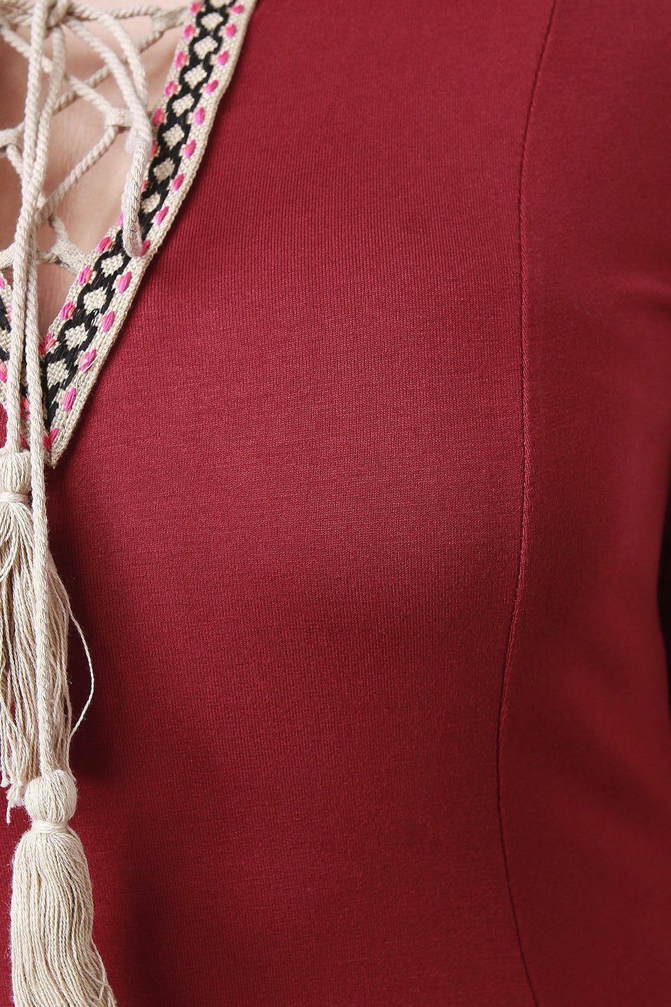 Tassel Lace-Up Embroider Quarter Sleeves Shift Dress