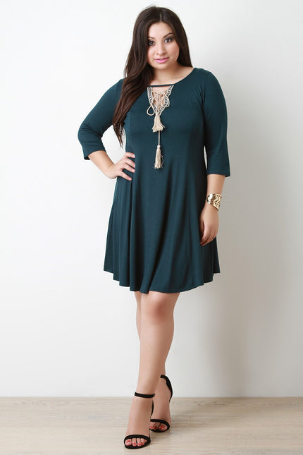 Tassel Lace-Up Embroider Quarter Sleeves Shift Dress