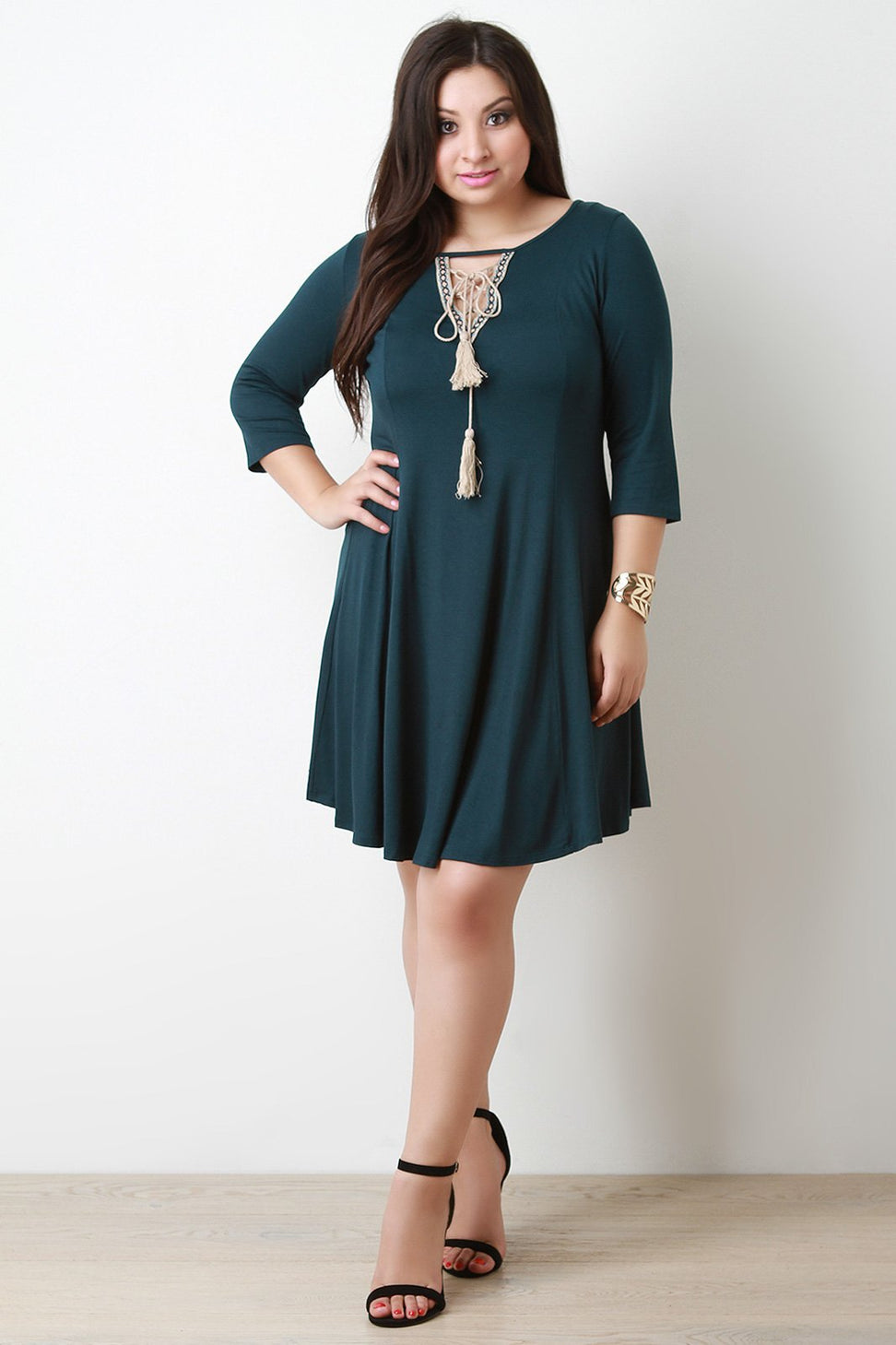 Tassel Lace-Up Embroider Quarter Sleeves Shift Dress