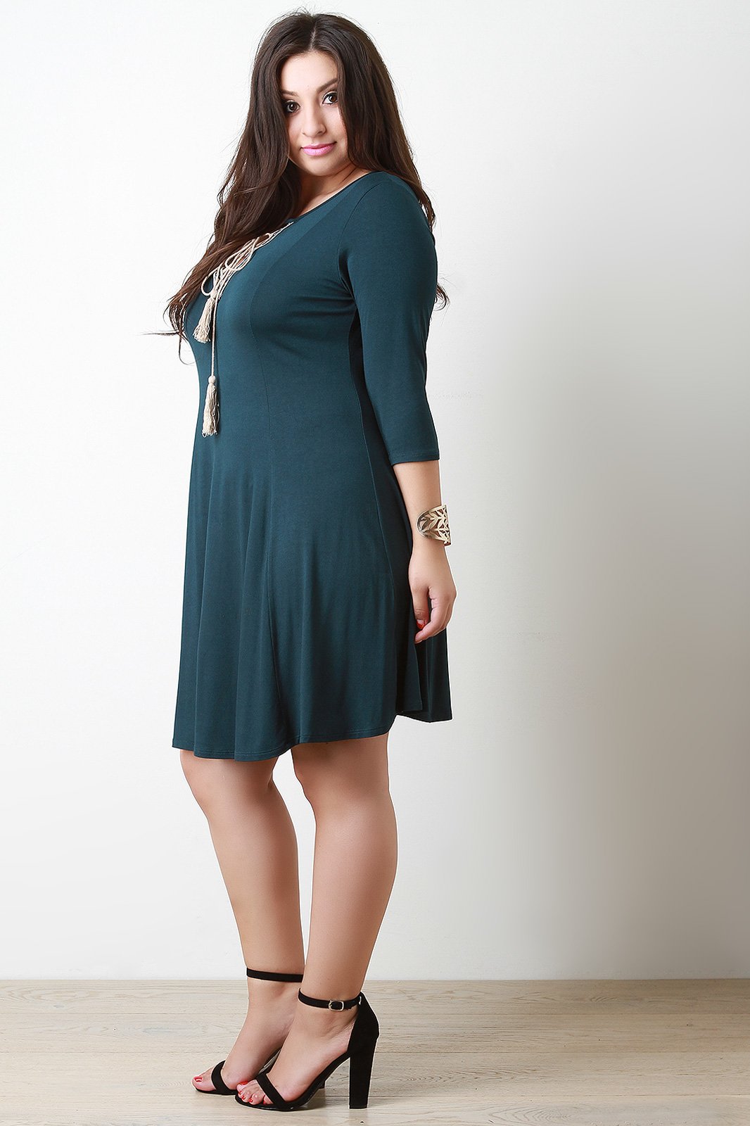 Tassel Lace-Up Embroider Quarter Sleeves Shift Dress