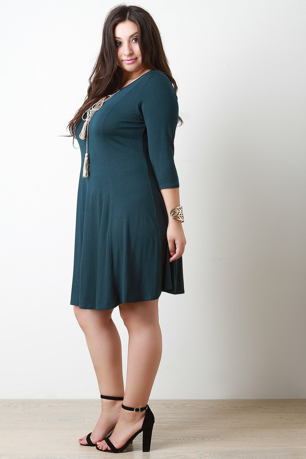 Tassel Lace-Up Embroider Quarter Sleeves Shift Dress