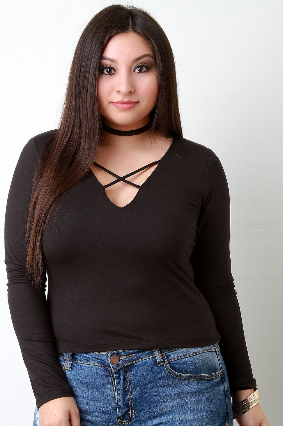 Crisscross V-Neck Long Sleeves Top