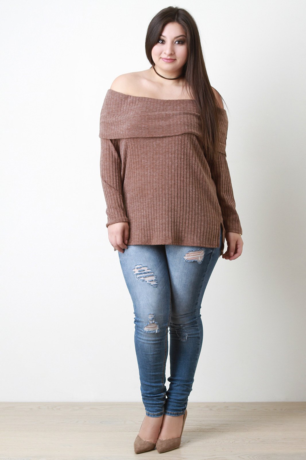 Rib Knit Wide Fold Off-The-Shoulder Top