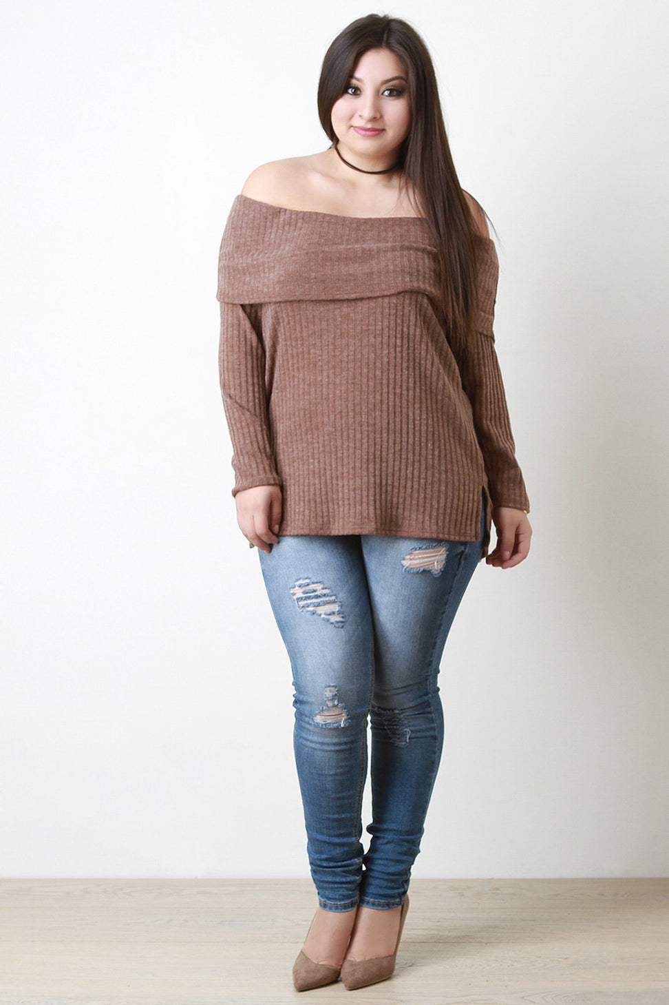 Rib Knit Wide Fold Off-The-Shoulder Top