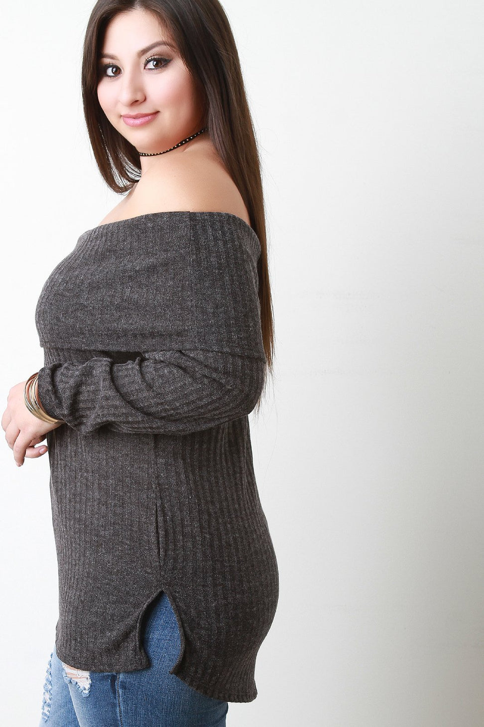 Rib Knit Wide Fold Off-The-Shoulder Top