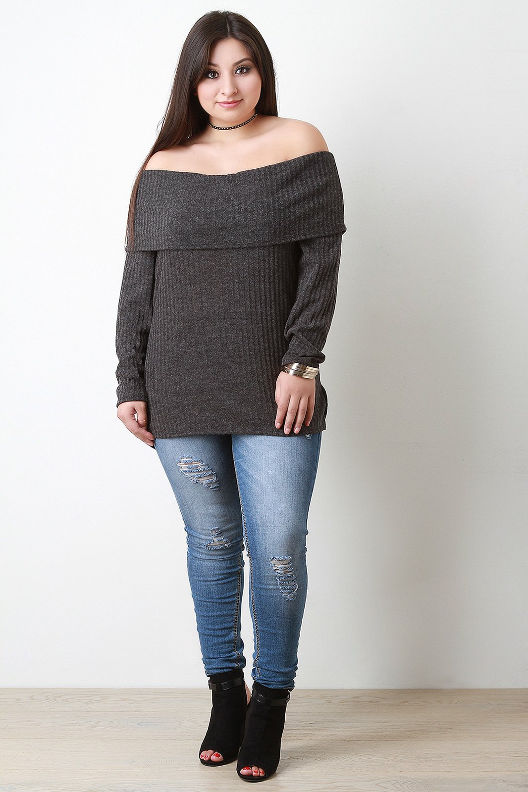 Rib Knit Wide Fold Off-The-Shoulder Top