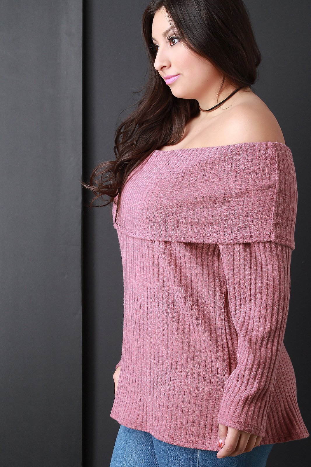 Rib Knit Wide Fold Off-The-Shoulder Top